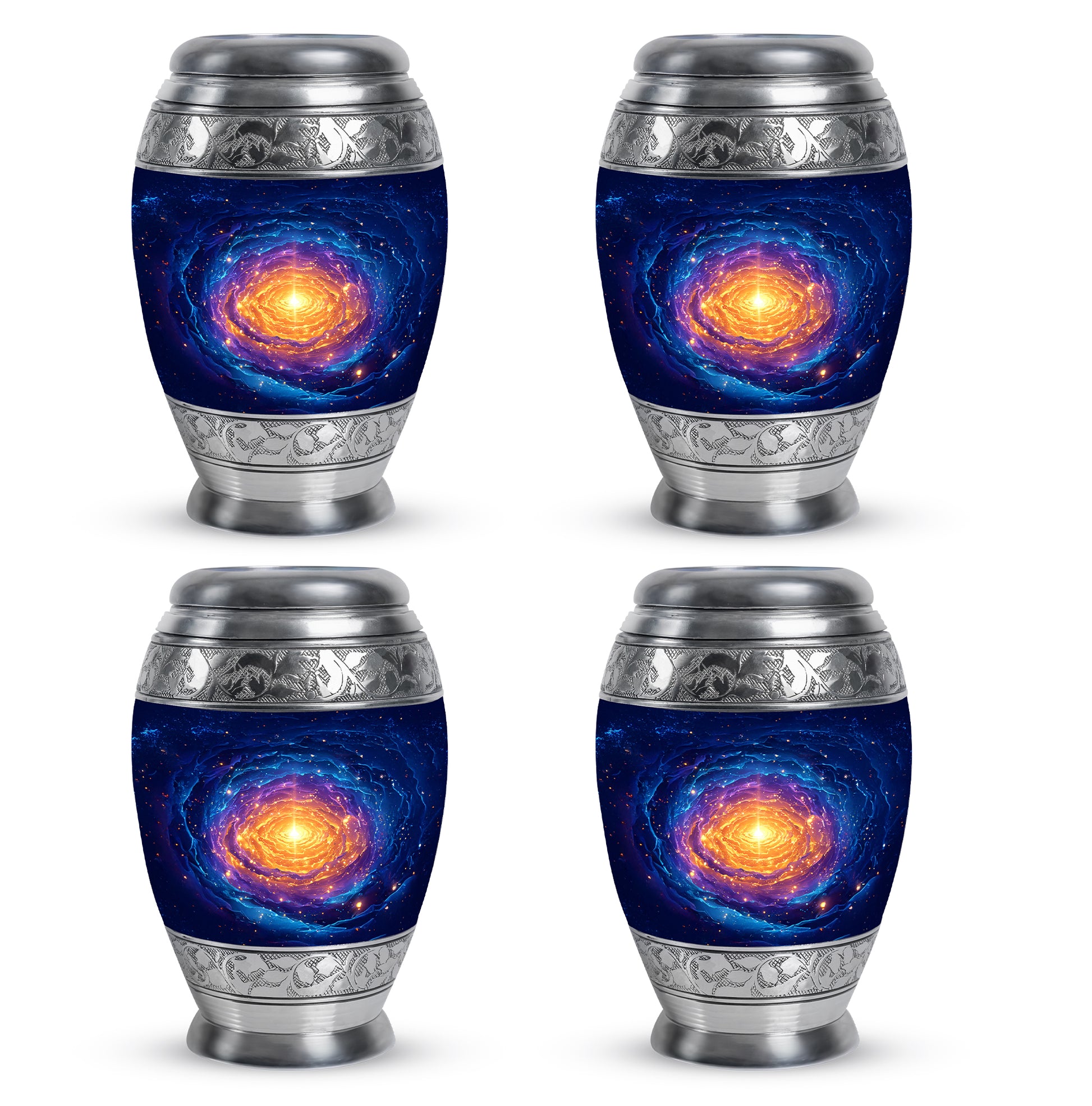 Cobalt Blue Galaxy Cremation Urn urn with complimentary velvet bag - royal galaxy engraving with decorative scrollwork - 10 inch aluminum urn for cremated remains