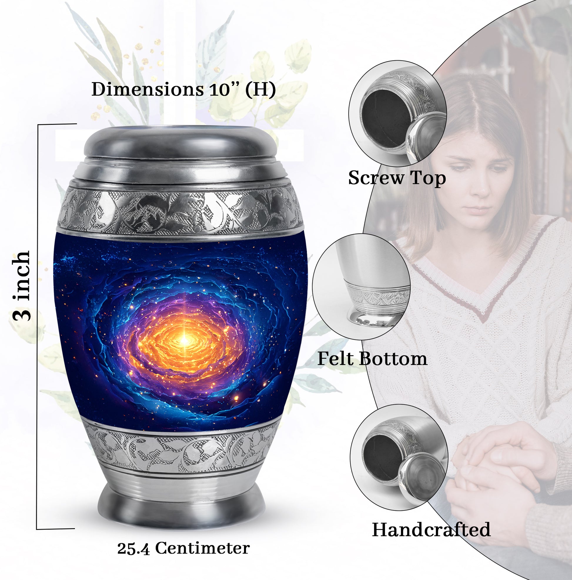 Indigo Galaxy Cremation Urn lifestyle display on memorial shelf - regal galaxy design with crown-inspired accents - mini keepsake memorial for portion of cremation ashes
