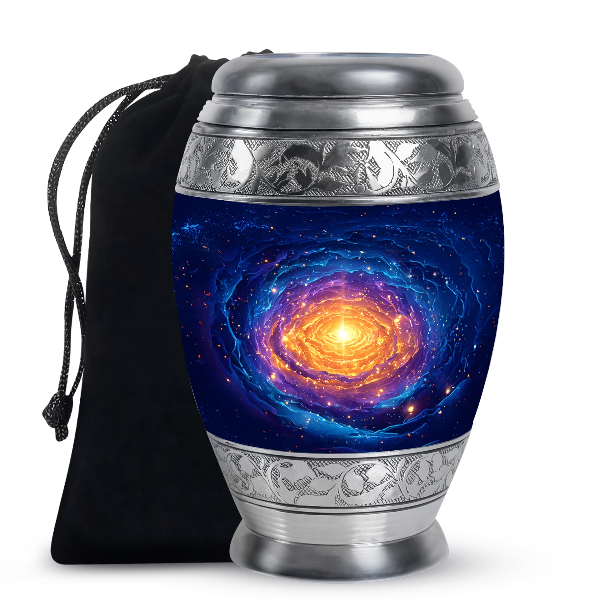 Twilight Blue Galaxy Cremation Urn back view with polished surface - royal galaxy engraving with decorative scrollwork - full-size 10 inch 200 cubic inch adult cremation urn