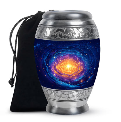 Twilight Blue Galaxy Cremation Urn back view with polished surface - royal galaxy engraving with decorative scrollwork - full-size 10 inch 200 cubic inch adult cremation urn