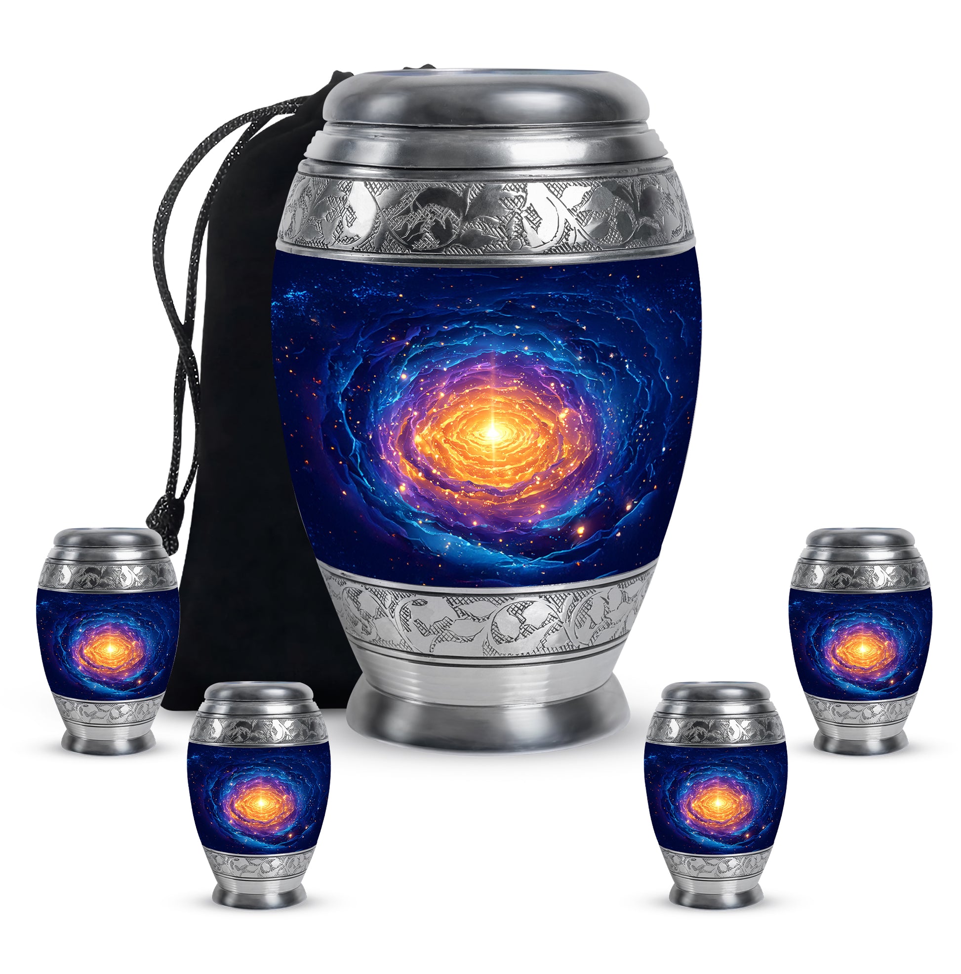 Azure Galaxy Cremation Urn detail view - regal galaxy design with crown-inspired accents - memorial set with one large and four small urns