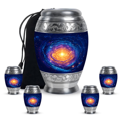 Azure Galaxy Cremation Urn detail view - regal galaxy design with crown-inspired accents - memorial set with one large and four small urns