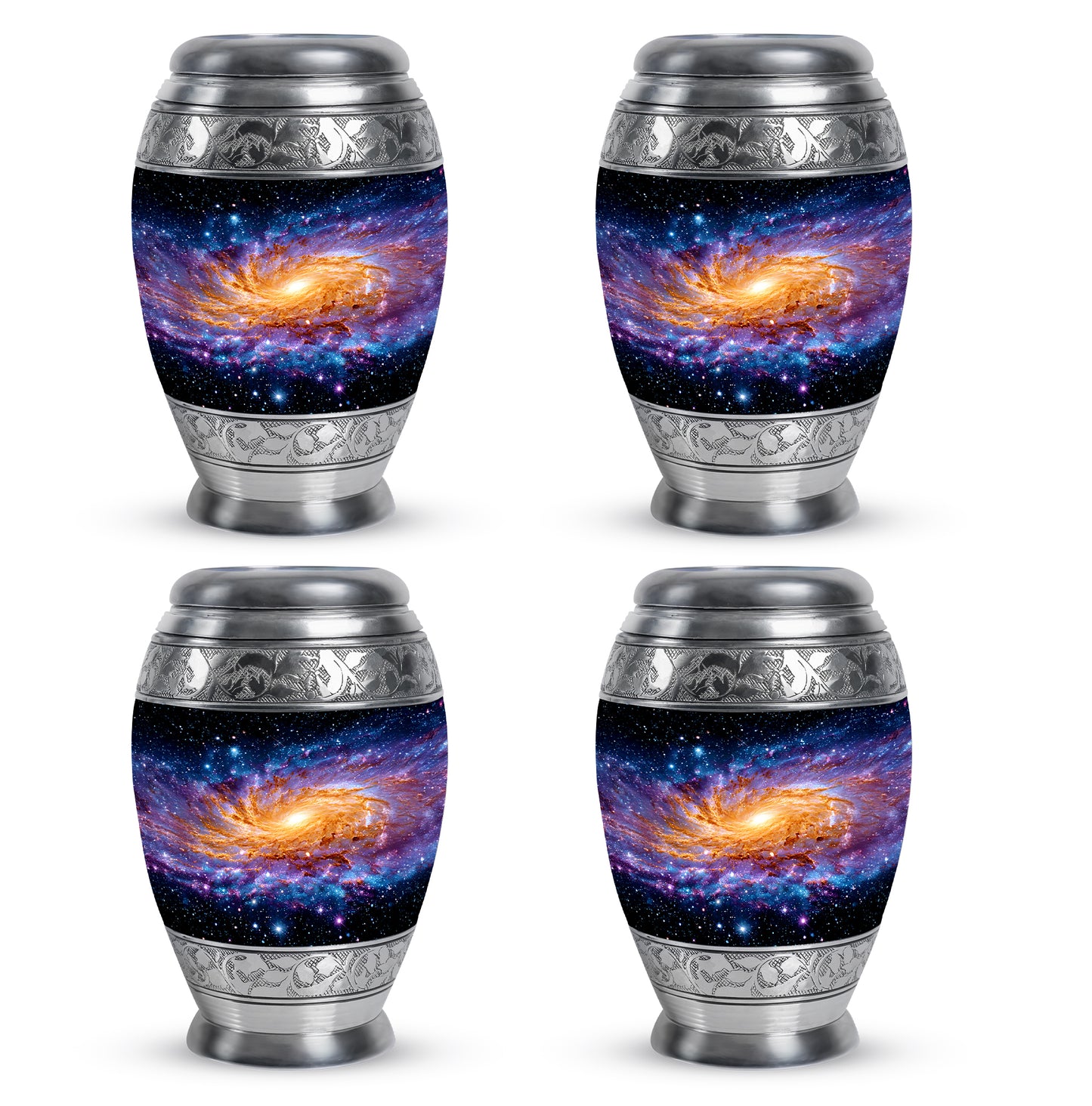 Rich Black Galaxy Cremation Urn urn with complimentary velvet bag - ornate monarch-style galaxy relief on brushed aluminum - 10 inch aluminum urn for cremated remains