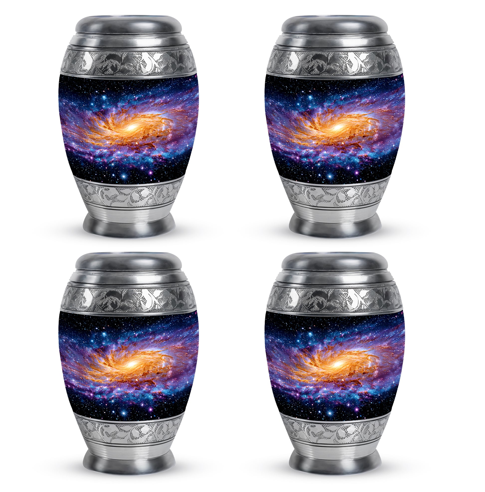 Rich Black Galaxy Cremation Urn urn with complimentary velvet bag - ornate monarch-style galaxy relief on brushed aluminum - 10 inch aluminum urn for cremated remains