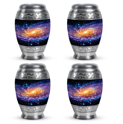 Rich Black Galaxy Cremation Urn urn with complimentary velvet bag - ornate monarch-style galaxy relief on brushed aluminum - 10 inch aluminum urn for cremated remains