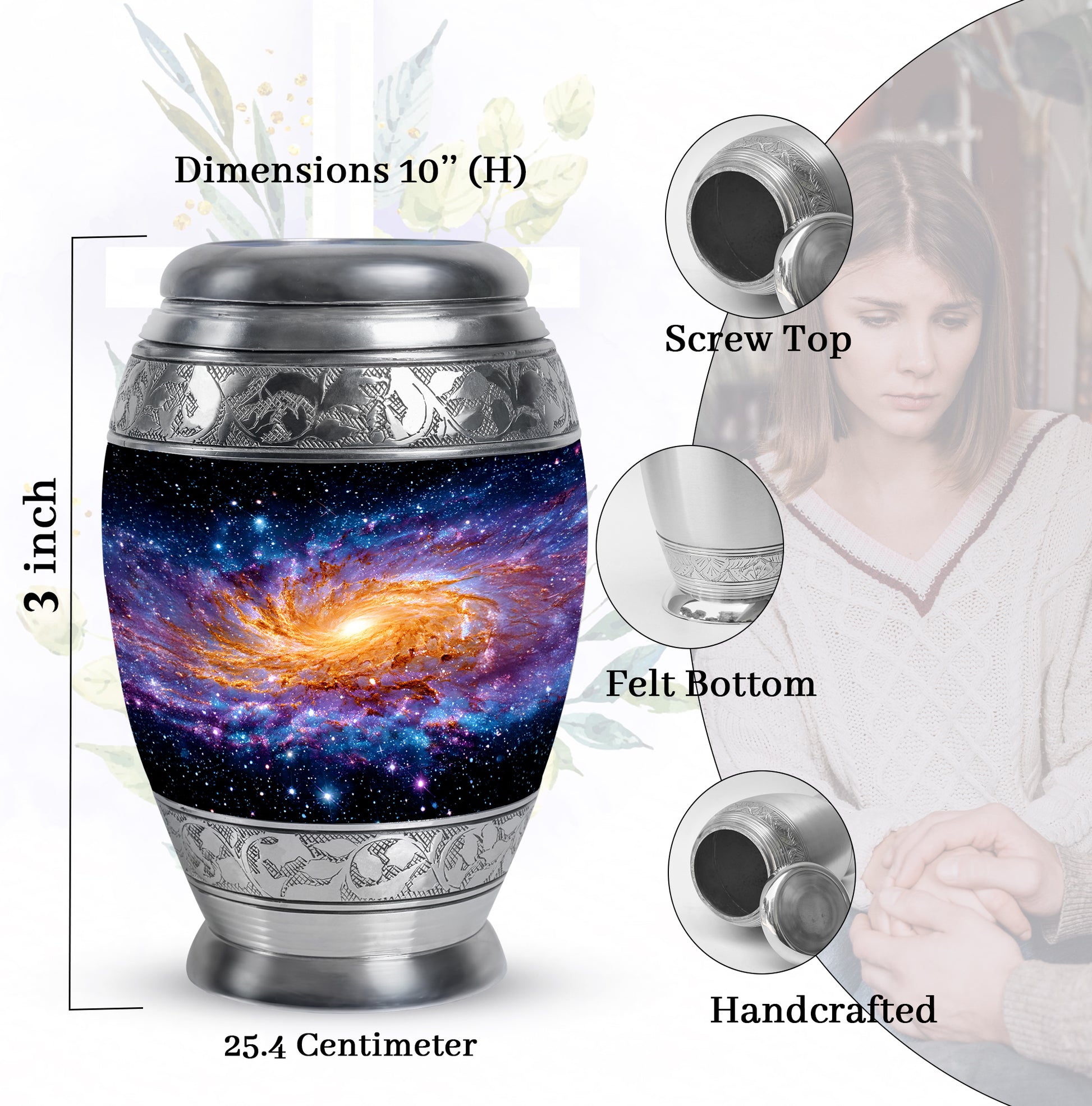 Midnight Black Galaxy Cremation Urn lifestyle display on memorial shelf - majestic galaxy pattern with filigree border - mini keepsake memorial for portion of cremation ashes