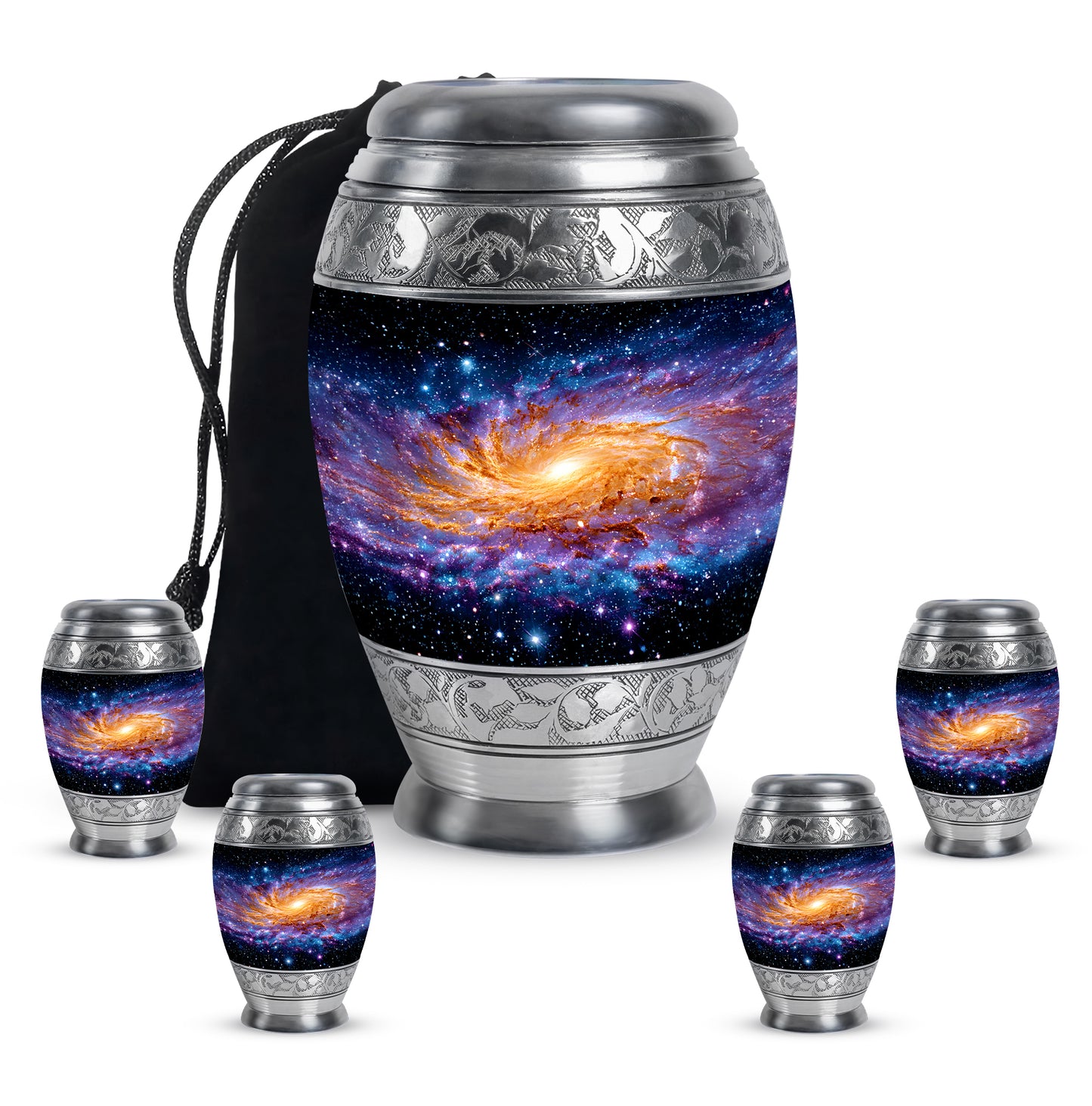 Deep Black Galaxy Cremation Urn detail view - regal galaxy design with crown-inspired accents - memorial set with one large and four small urns