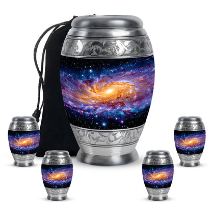 Deep Black Galaxy Cremation Urn detail view - regal galaxy design with crown-inspired accents - memorial set with one large and four small urns