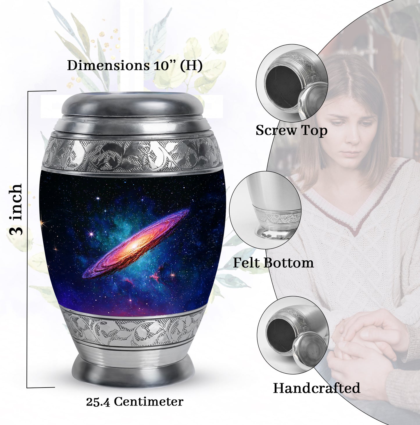 Ebony Galaxy Cremation Urn lifestyle display on memorial shelf - ornate monarch-style galaxy relief on brushed aluminum - mini keepsake memorial for portion of cremation ashes