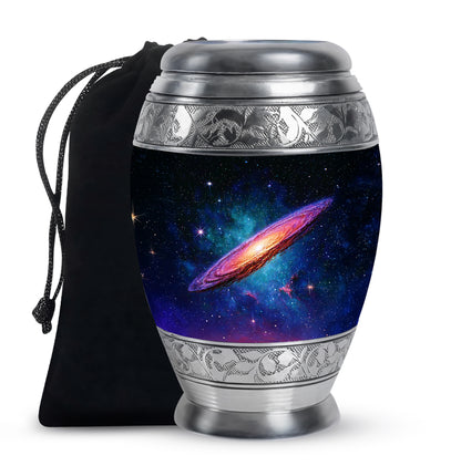 Dark Black Galaxy Cremation Urn back view with polished surface - royal galaxy engraving with decorative scrollwork - full-size 10 inch 200 cubic inch adult cremation urn