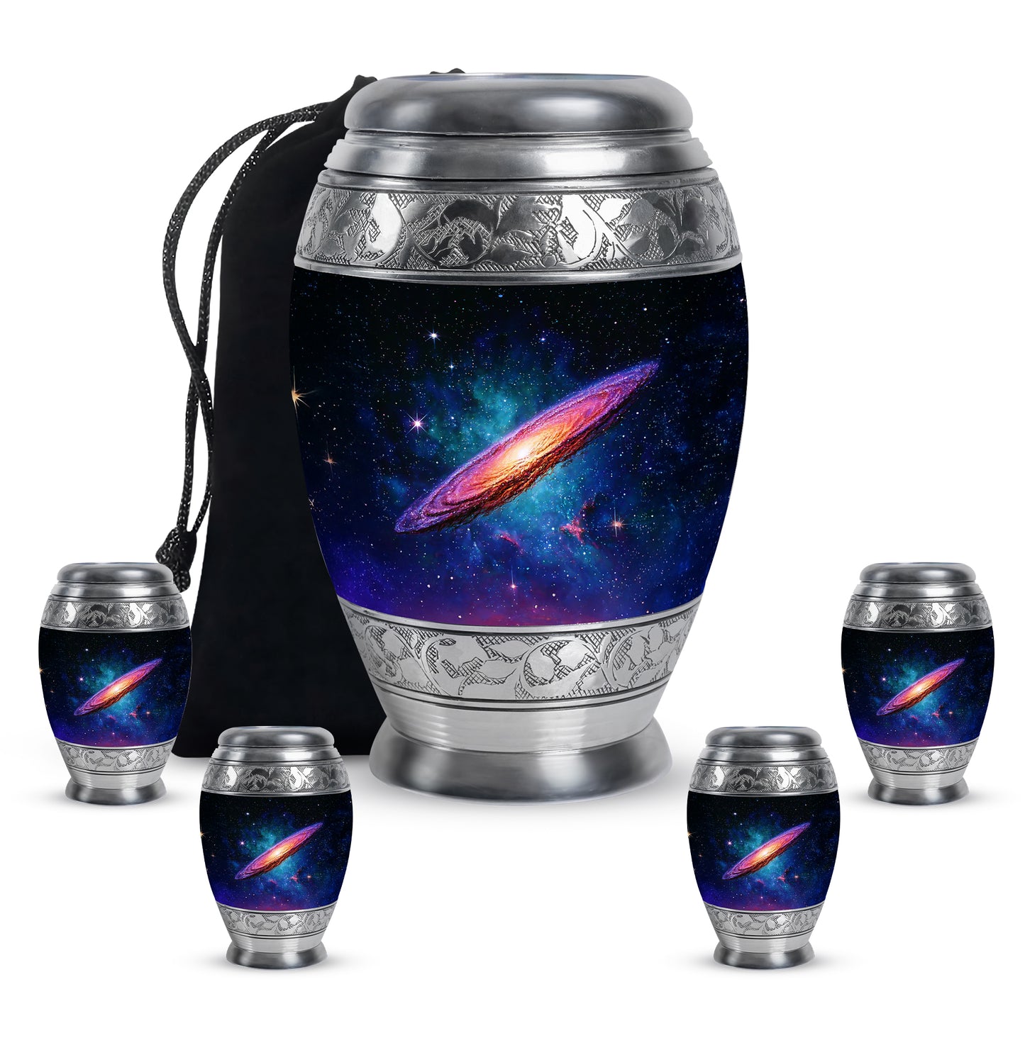 Charcoal Black Galaxy Cremation Urn detail view - majestic galaxy pattern with filigree border - memorial set with one large and four small urns