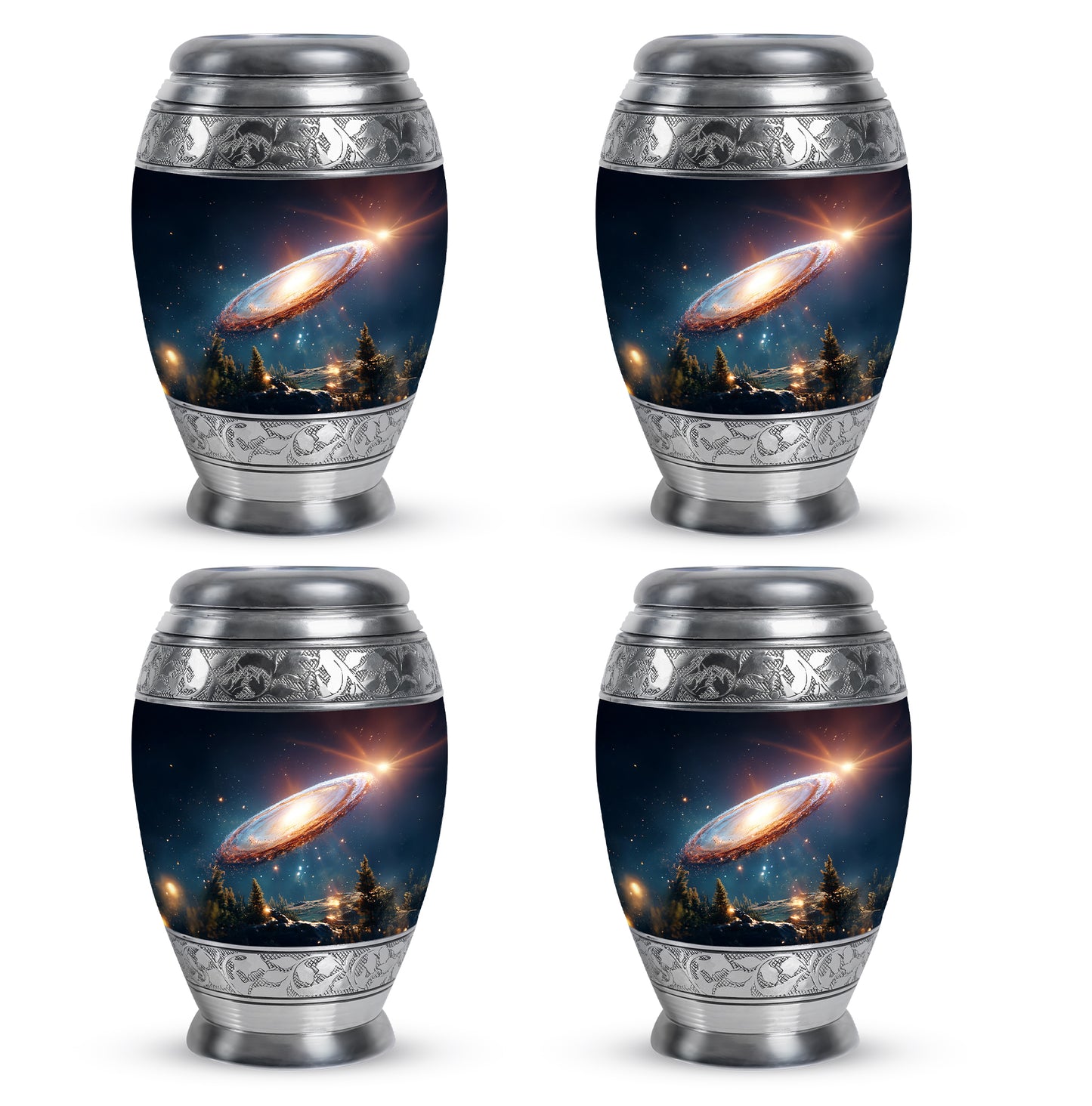 Steel Blue Galaxy Cremation Urn urn with complimentary velvet bag - royal galaxy engraving with decorative scrollwork - 10 inch aluminum urn for cremated remains