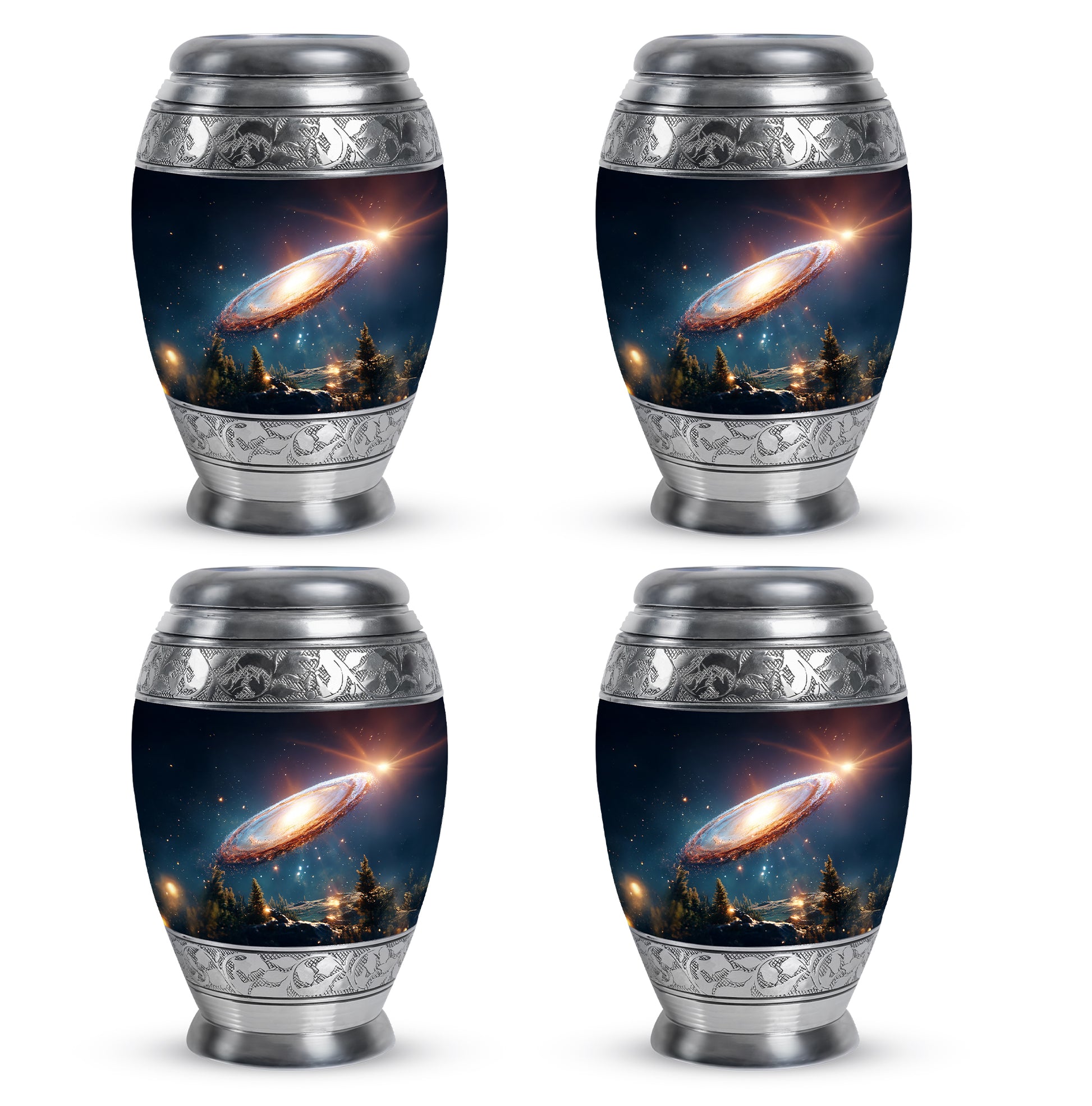 Steel Blue Galaxy Cremation Urn urn with complimentary velvet bag - royal galaxy engraving with decorative scrollwork - 10 inch aluminum urn for cremated remains