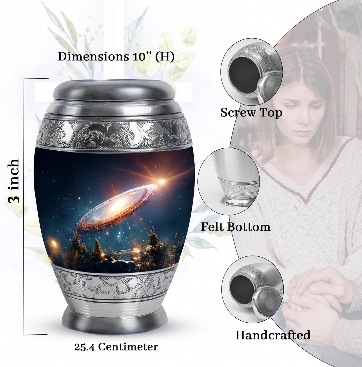 Indigo Galaxy Cremation Urn lifestyle display on memorial shelf - ornate monarch-style galaxy relief on brushed aluminum - mini keepsake memorial for portion of cremation ashes