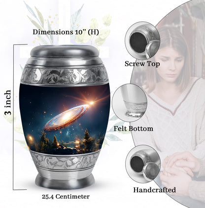 Indigo Galaxy Cremation Urn lifestyle display on memorial shelf - ornate monarch-style galaxy relief on brushed aluminum - mini keepsake memorial for portion of cremation ashes