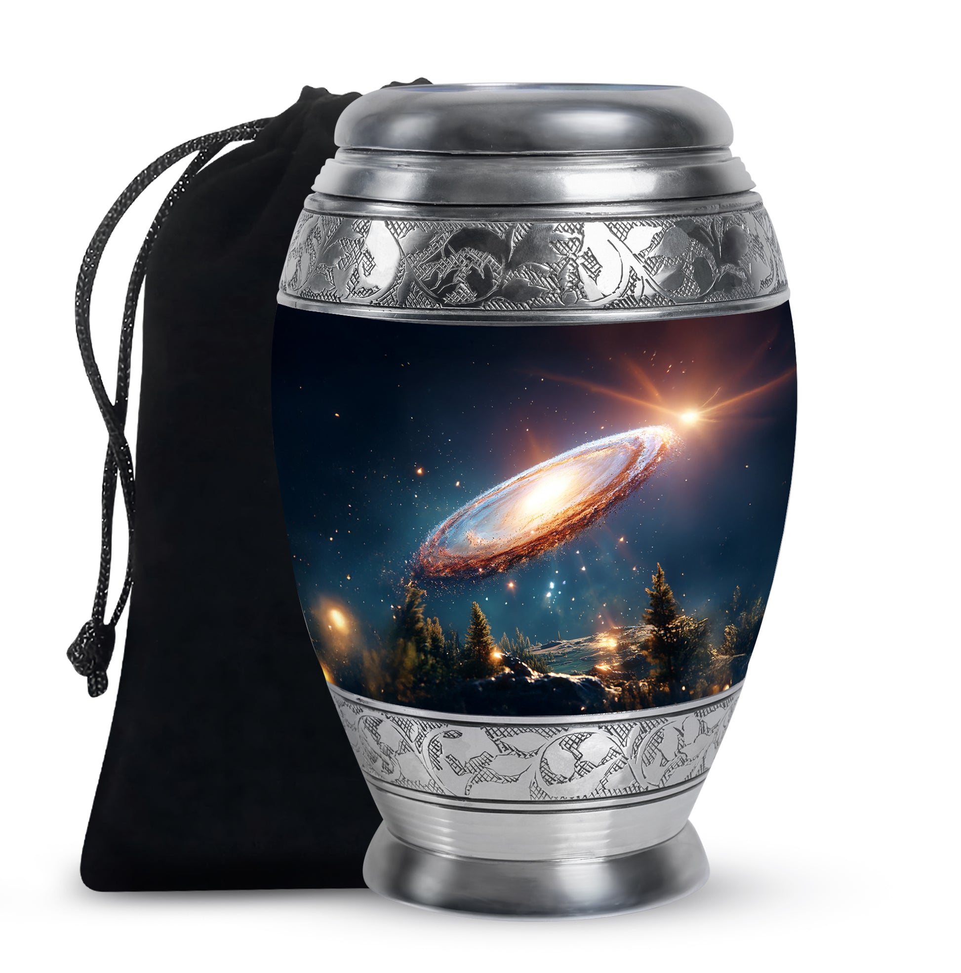 Steel Blue Galaxy Cremation Urn back view with polished surface - royal galaxy engraving with decorative scrollwork - full-size 10 inch 200 cubic inch adult cremation urn
