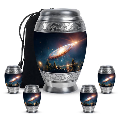 Dusty Blue Galaxy Cremation Urn detail view - ornate monarch-style galaxy relief on brushed aluminum - memorial set with one large and four small urns