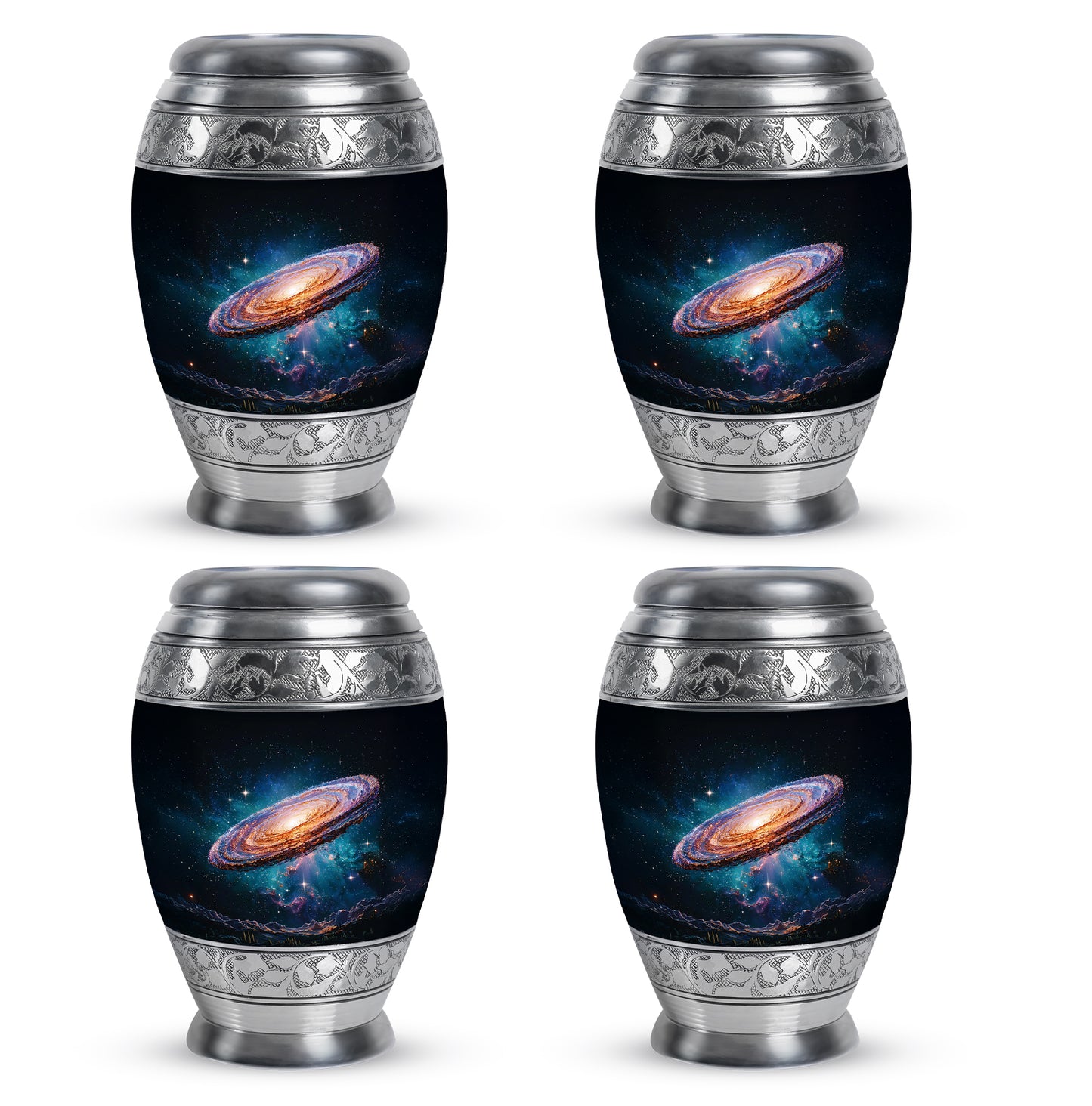 Jet Black Galaxy Cremation Urn urn with complimentary velvet bag - ornate monarch-style galaxy relief on brushed aluminum - 10 inch aluminum urn for cremated remains