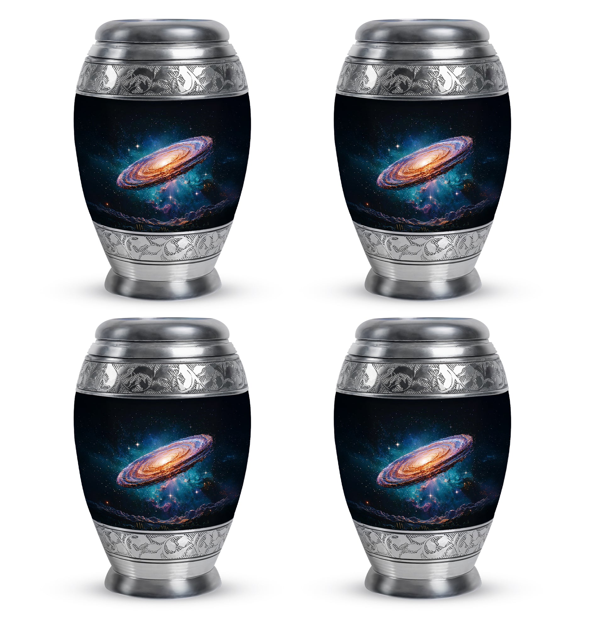 Jet Black Galaxy Cremation Urn urn with complimentary velvet bag - ornate monarch-style galaxy relief on brushed aluminum - 10 inch aluminum urn for cremated remains