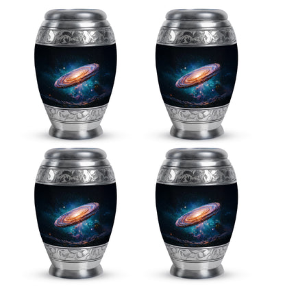 Jet Black Galaxy Cremation Urn urn with complimentary velvet bag - ornate monarch-style galaxy relief on brushed aluminum - 10 inch aluminum urn for cremated remains