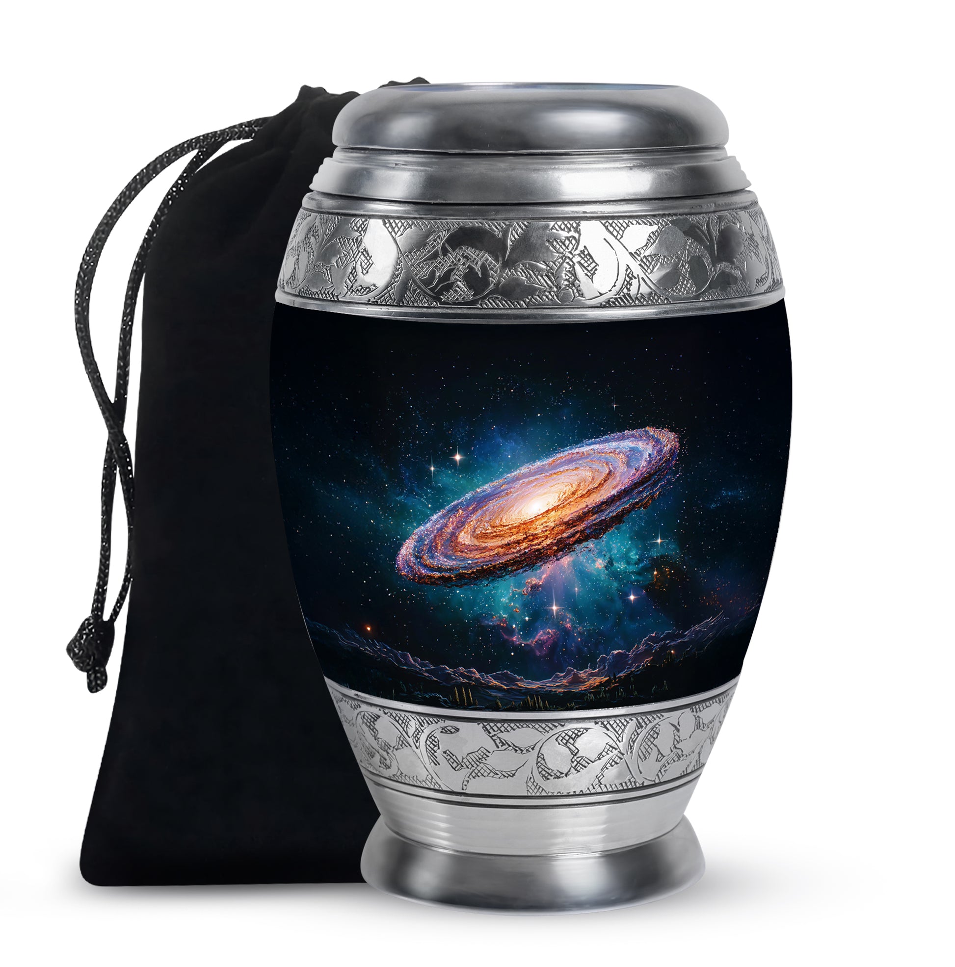 Obsidian Black Galaxy Cremation Urn back view with polished surface - royal galaxy engraving with decorative scrollwork - full-size 10 inch 200 cubic inch adult cremation urn