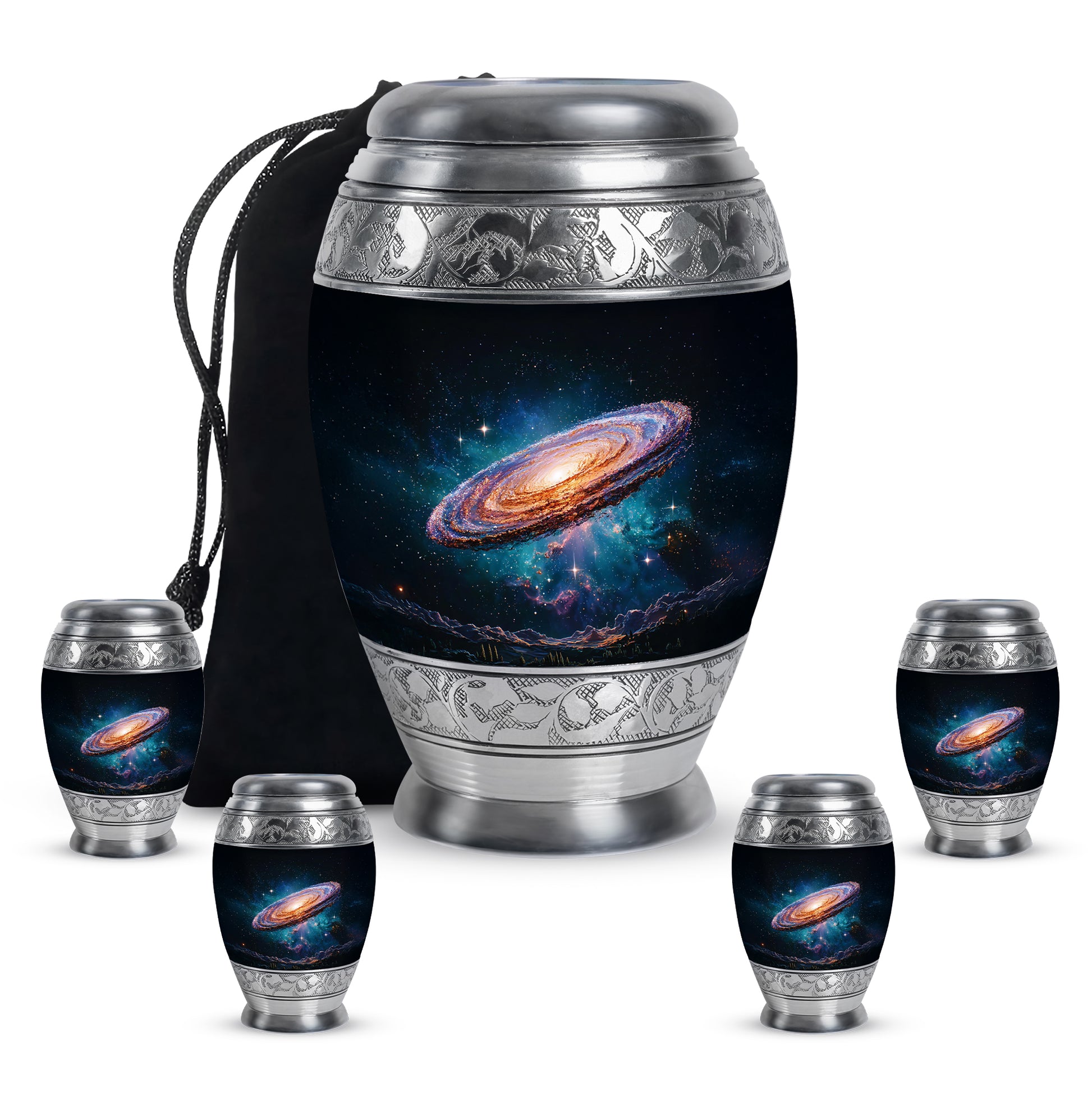 Rich Black Galaxy Cremation Urn detail view - ornate monarch-style galaxy relief on brushed aluminum - memorial set with one large and four small urns
