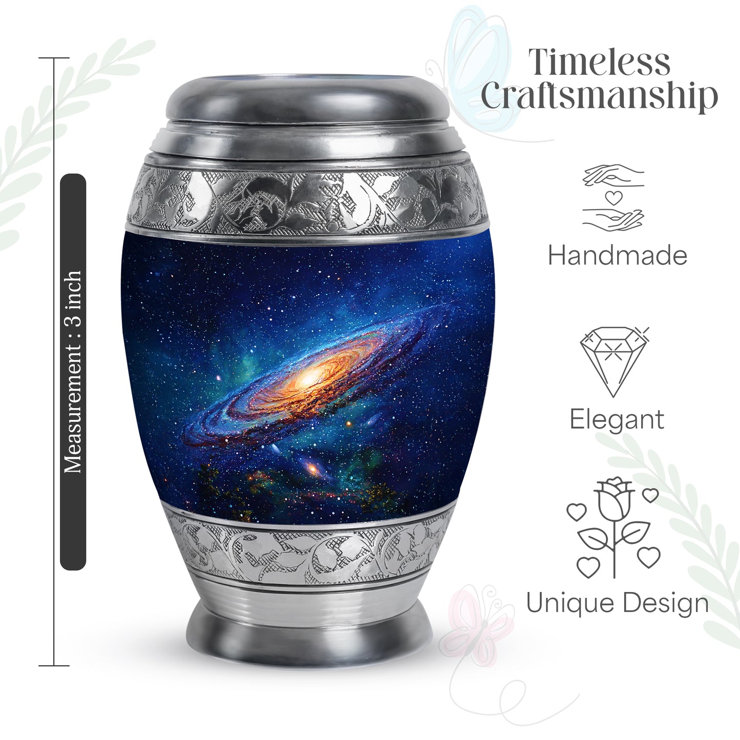 Navy Blue Galaxy Cremation Urn lifestyle display on memorial shelf - ornate monarch-style galaxy relief on brushed aluminum - mini keepsake memorial for portion of cremation ashes