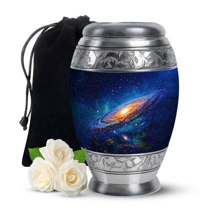 Serene Blue Galaxy Cremation Urn back view with polished surface - majestic galaxy pattern with filigree border - full-size 10 inch 200 cubic inch adult cremation urn