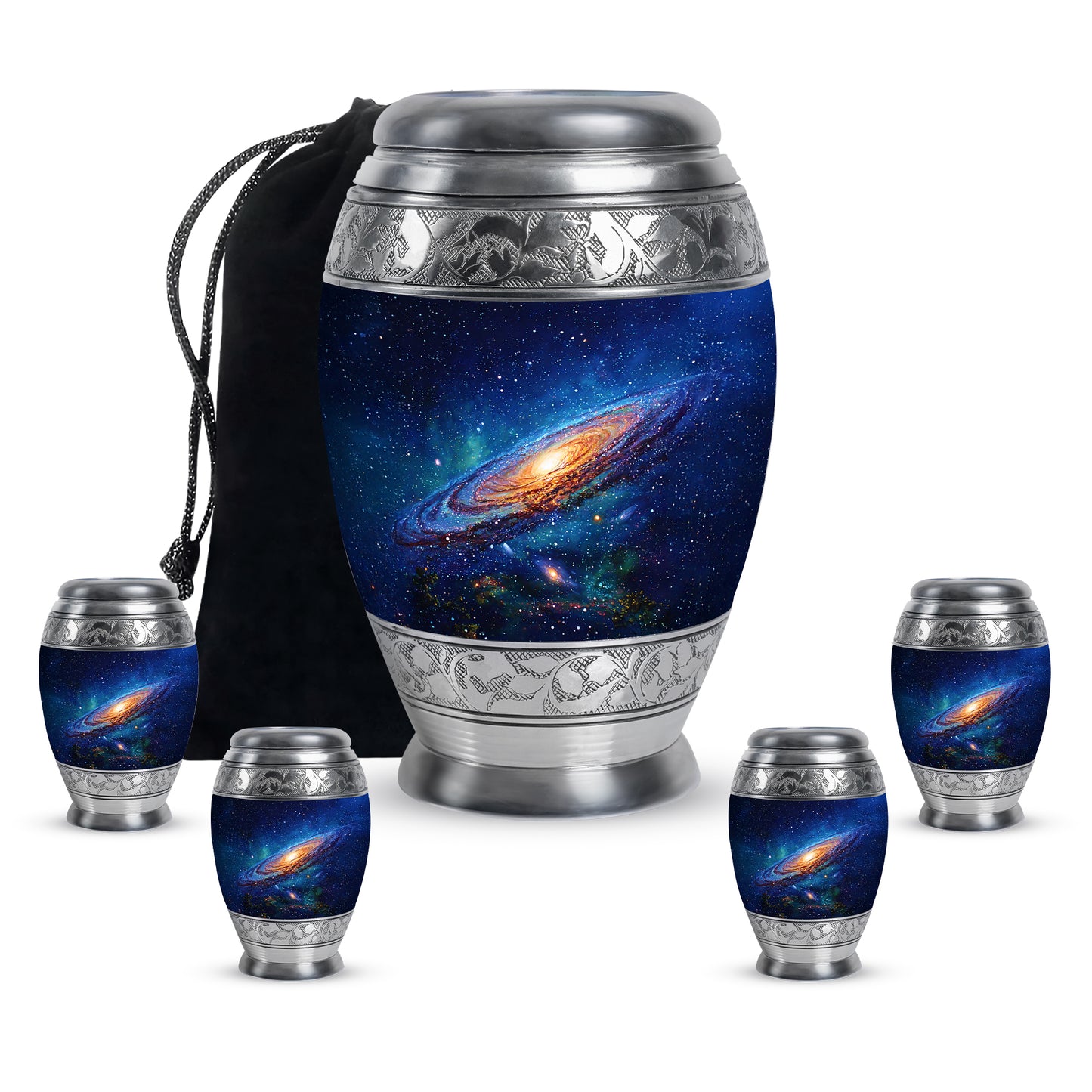Slate Blue Galaxy Cremation Urn detail view - ornate monarch-style galaxy relief on brushed aluminum - memorial set with one large and four small urns