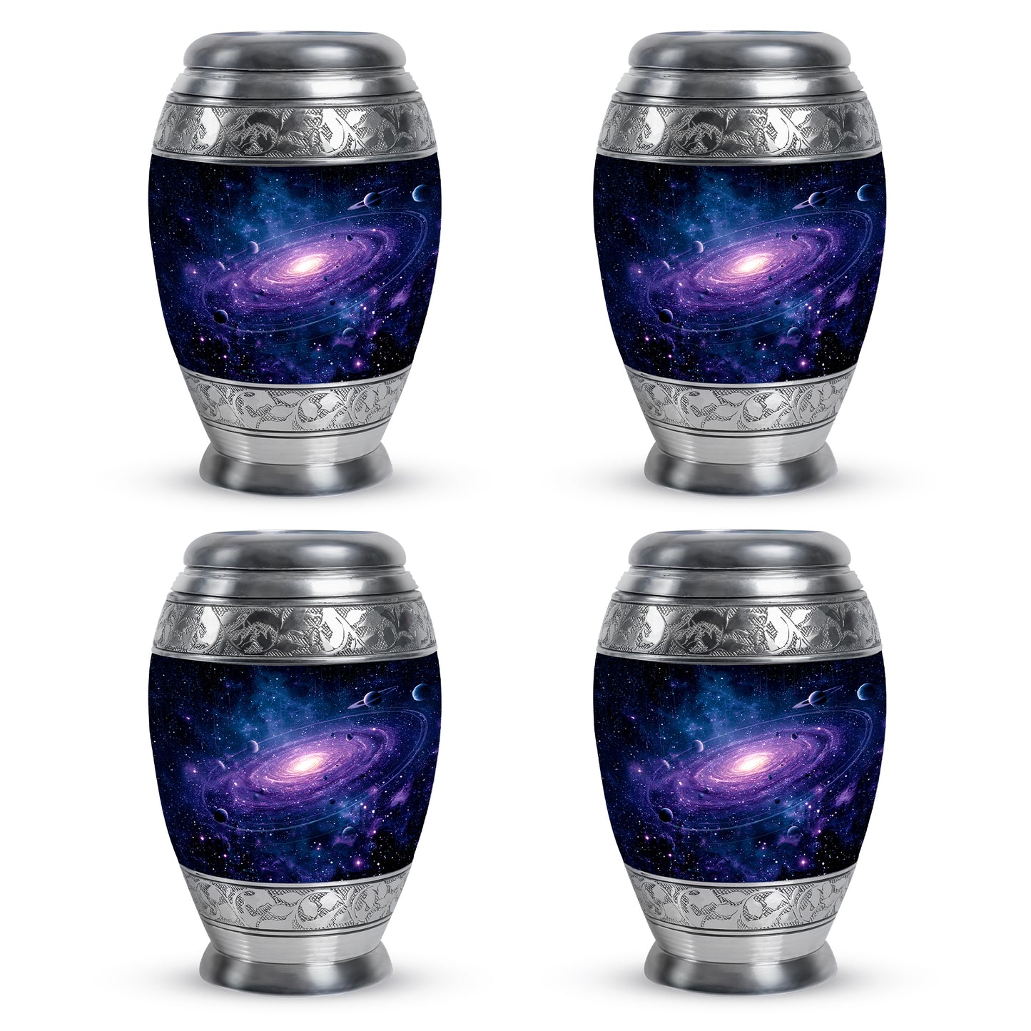 Vivid Blue Galaxy Cremation Urn urn with complimentary velvet bag - majestic galaxy pattern with filigree border - 10 inch aluminum urn for cremated remains