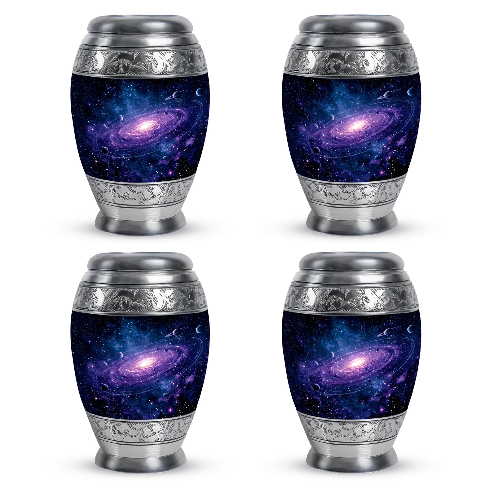 Vivid Blue Galaxy Cremation Urn urn with complimentary velvet bag - majestic galaxy pattern with filigree border - 10 inch aluminum urn for cremated remains
