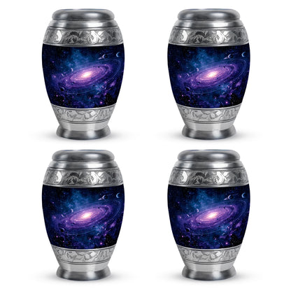 Vivid Blue Galaxy Cremation Urn urn with complimentary velvet bag - majestic galaxy pattern with filigree border - 10 inch aluminum urn for cremated remains