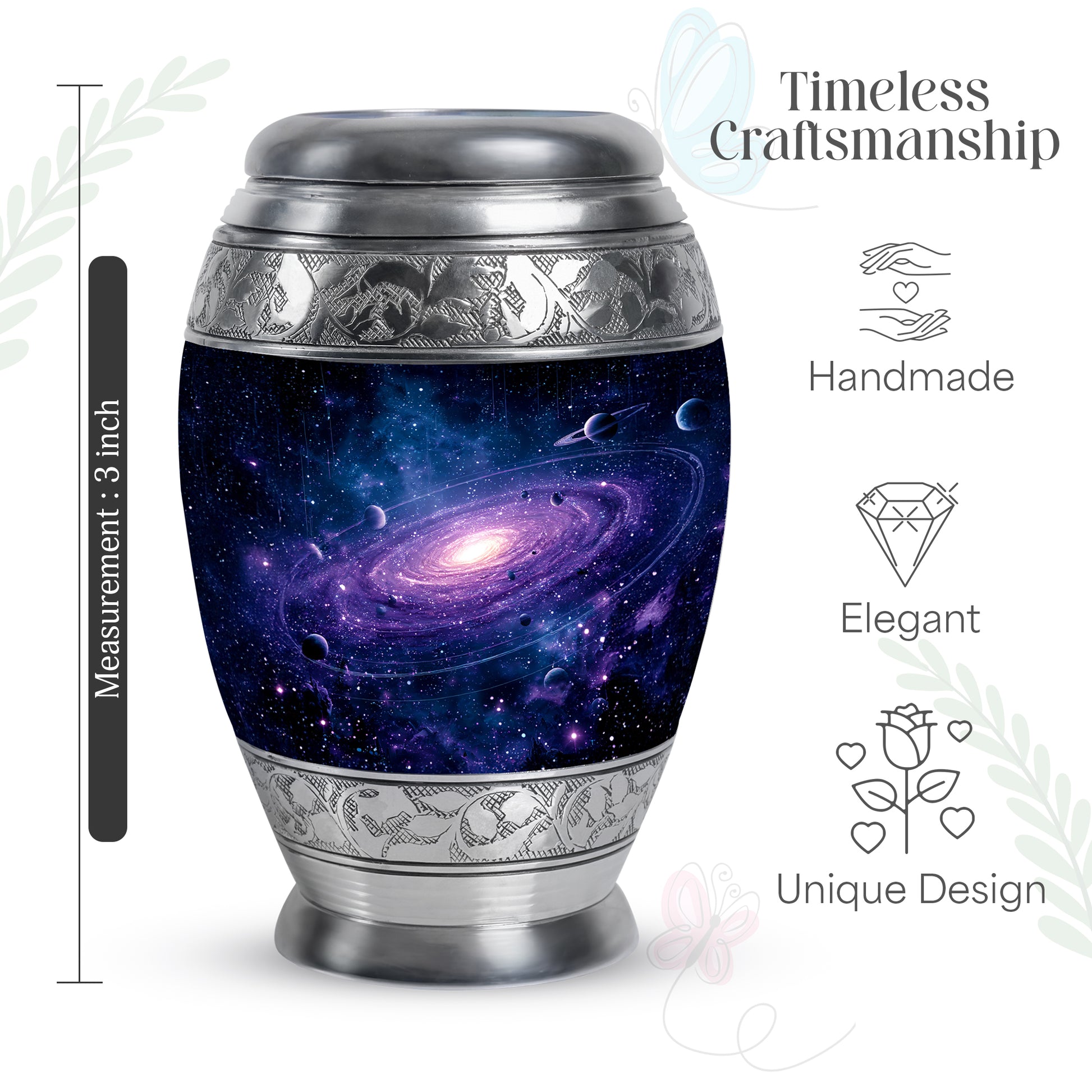 Bright Blue Galaxy Cremation Urn lifestyle display on memorial shelf - majestic galaxy pattern with filigree border - mini keepsake memorial for portion of cremation ashes