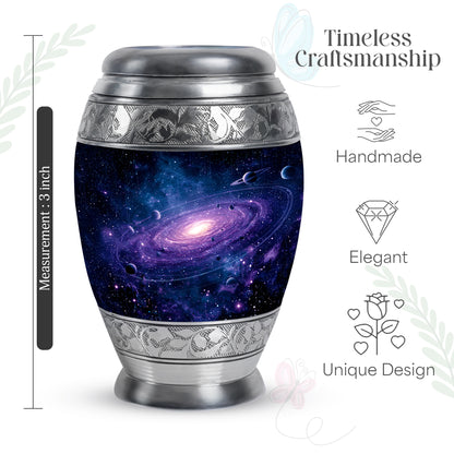 Bright Blue Galaxy Cremation Urn lifestyle display on memorial shelf - majestic galaxy pattern with filigree border - mini keepsake memorial for portion of cremation ashes