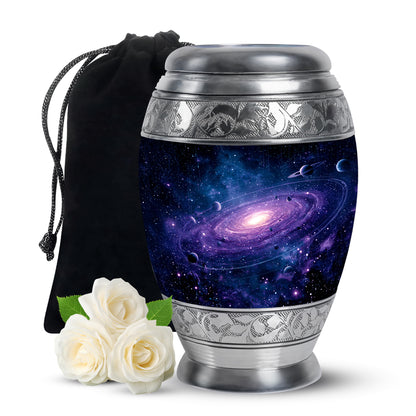 Royal Blue Galaxy Cremation Urn back view with polished surface - majestic galaxy pattern with filigree border - full-size 10 inch 200 cubic inch adult cremation urn