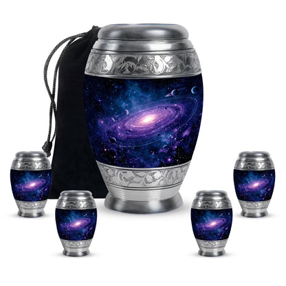 Indigo Galaxy Cremation Urn detail view - ornate monarch-style galaxy relief on brushed aluminum - memorial set with one large and four small urns