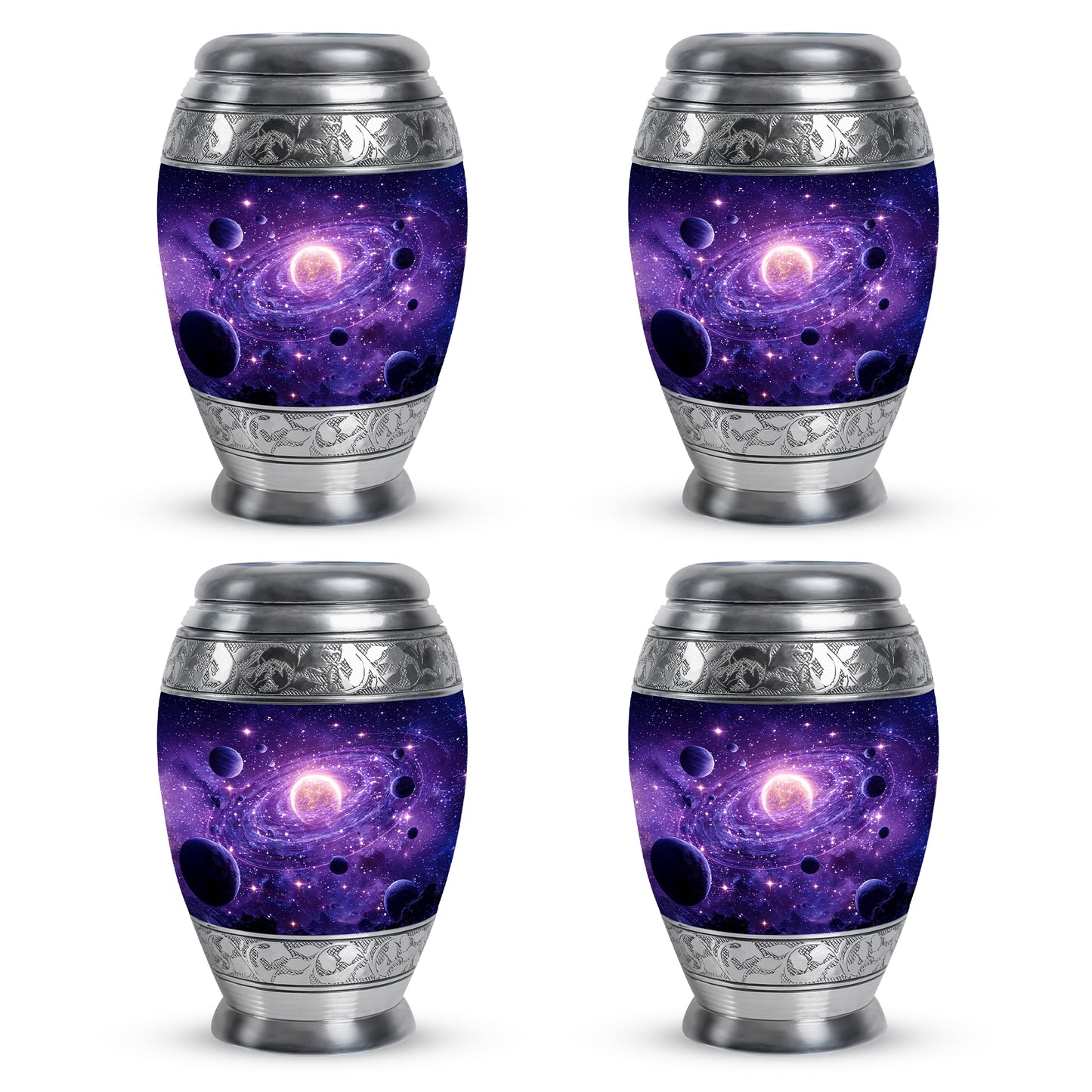 Majestic Purple Galaxy Cremation Urn urn with complimentary velvet bag - ornate monarch-style galaxy relief on brushed aluminum - 10 inch aluminum urn for cremated remains