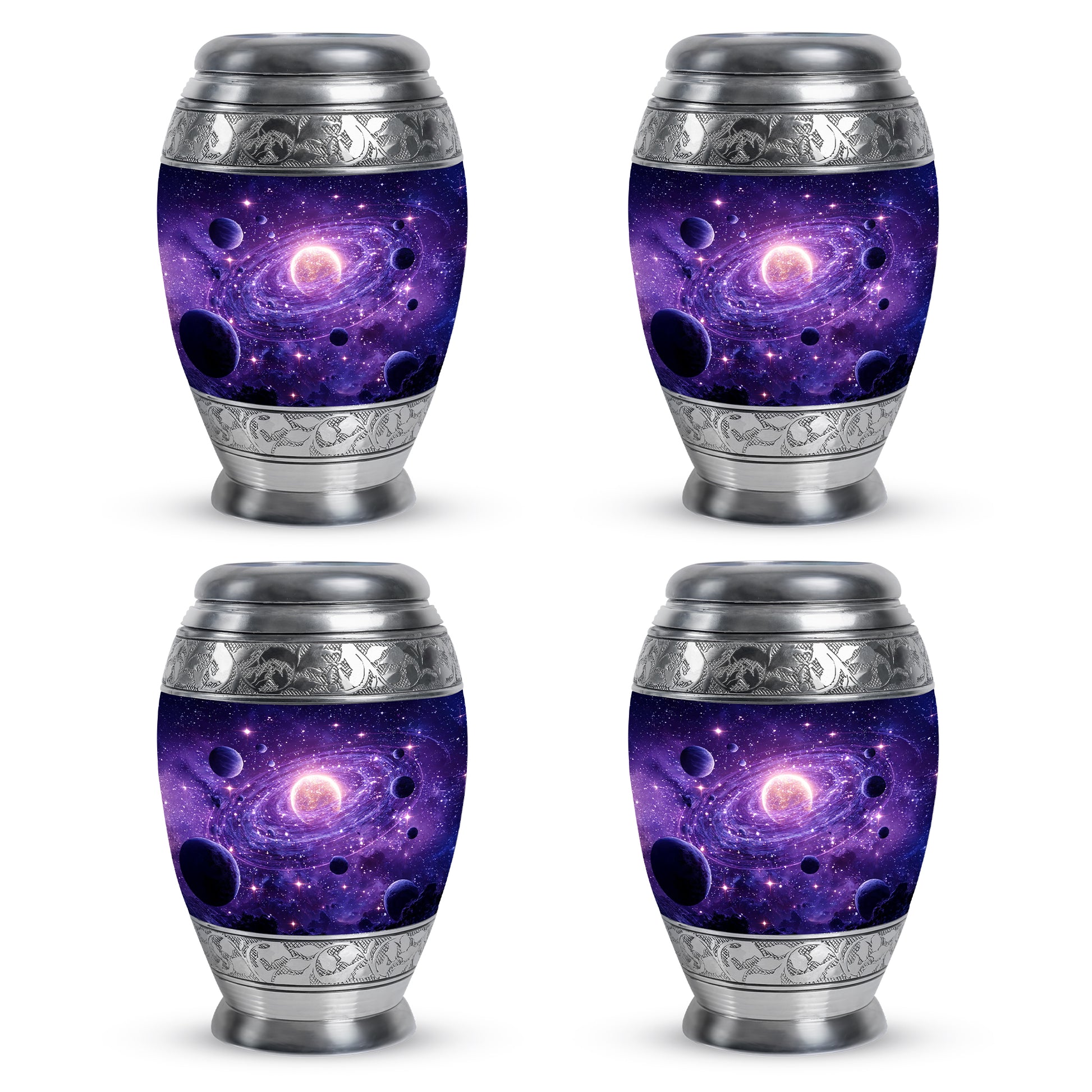 Majestic Purple Galaxy Cremation Urn urn with complimentary velvet bag - ornate monarch-style galaxy relief on brushed aluminum - 10 inch aluminum urn for cremated remains