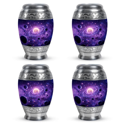 Majestic Purple Galaxy Cremation Urn urn with complimentary velvet bag - ornate monarch-style galaxy relief on brushed aluminum - 10 inch aluminum urn for cremated remains