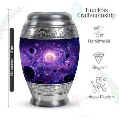 Plum Purple Galaxy Cremation Urn lifestyle display on memorial shelf - ornate monarch-style galaxy relief on brushed aluminum - mini keepsake memorial for portion of cremation ashes