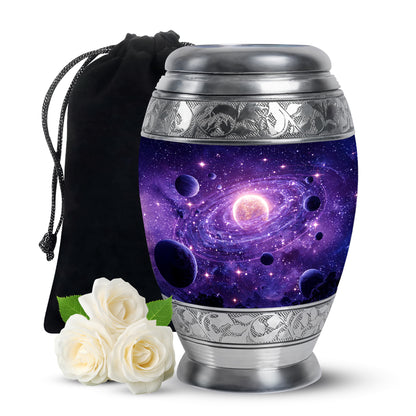 Grape Purple Galaxy Cremation Urn back view with polished surface - majestic galaxy pattern with filigree border - full-size 10 inch 200 cubic inch adult cremation urn