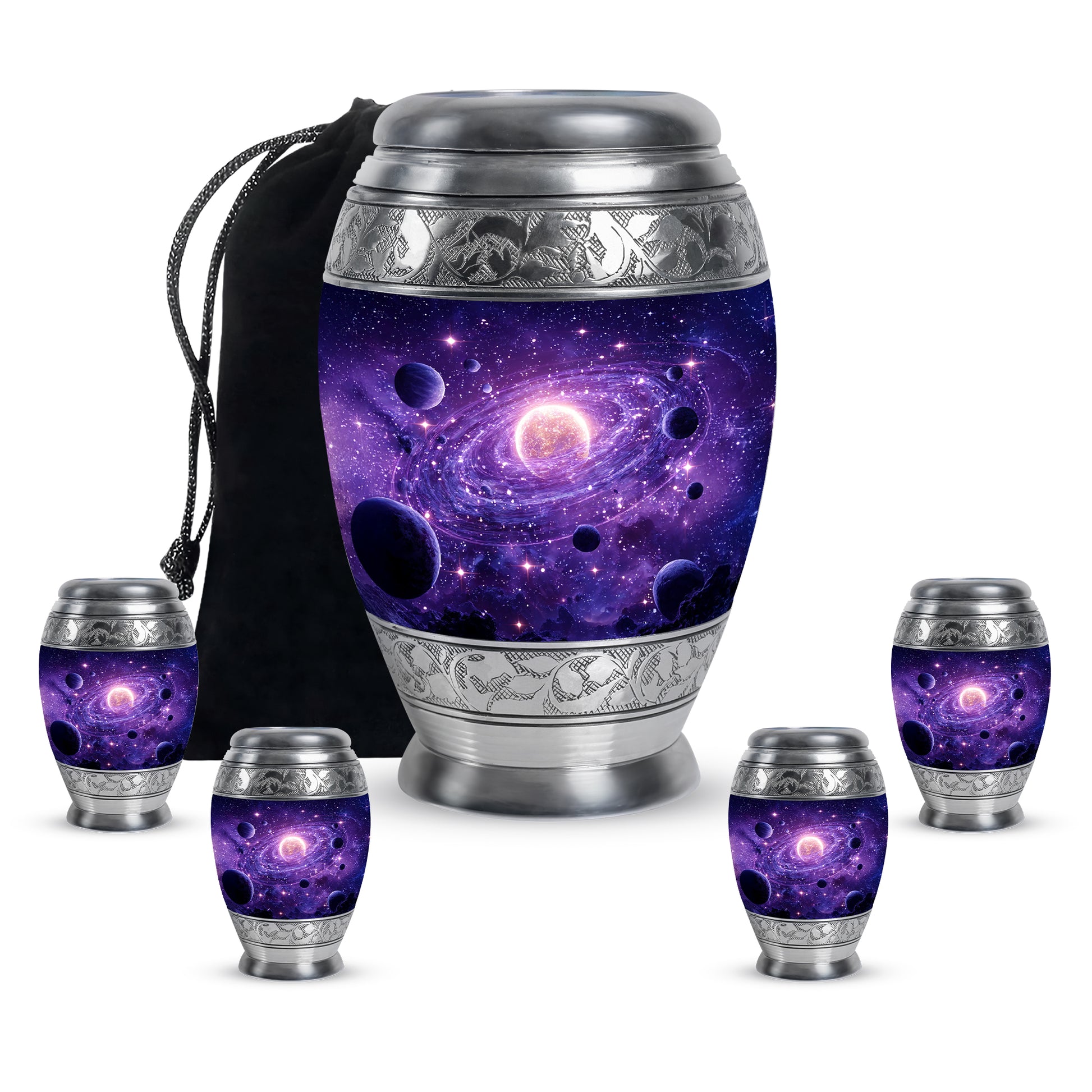 Grape Purple Galaxy Cremation Urn detail view - majestic galaxy pattern with filigree border - memorial set with one large and four small urns