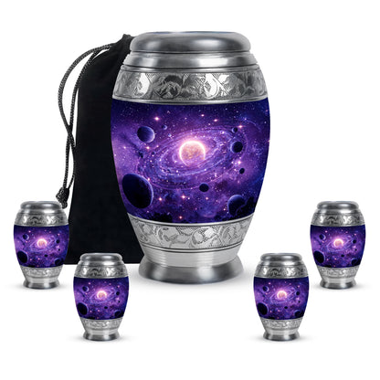 Grape Purple Galaxy Cremation Urn detail view - majestic galaxy pattern with filigree border - memorial set with one large and four small urns