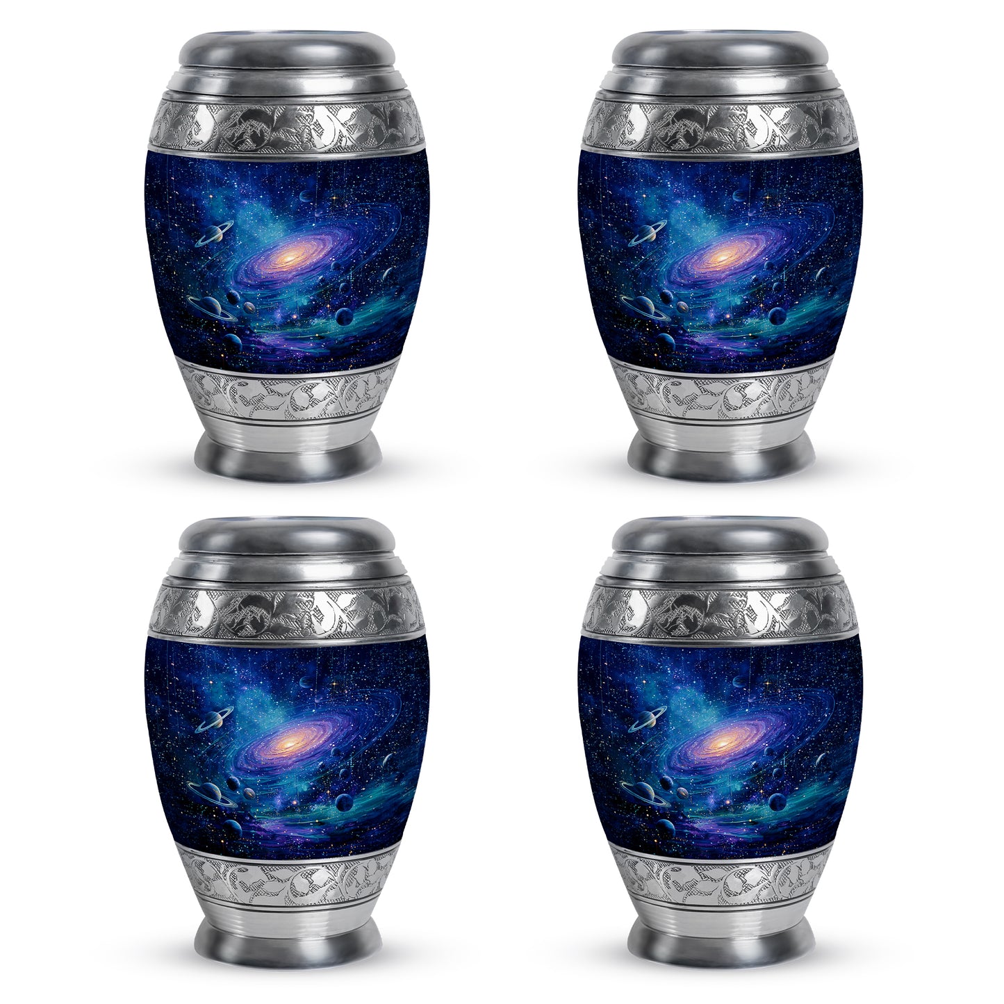 Royal Blue Galaxy Cremation Urn urn with complimentary velvet bag - royal galaxy engraving with decorative scrollwork - 10 inch aluminum urn for cremated remains