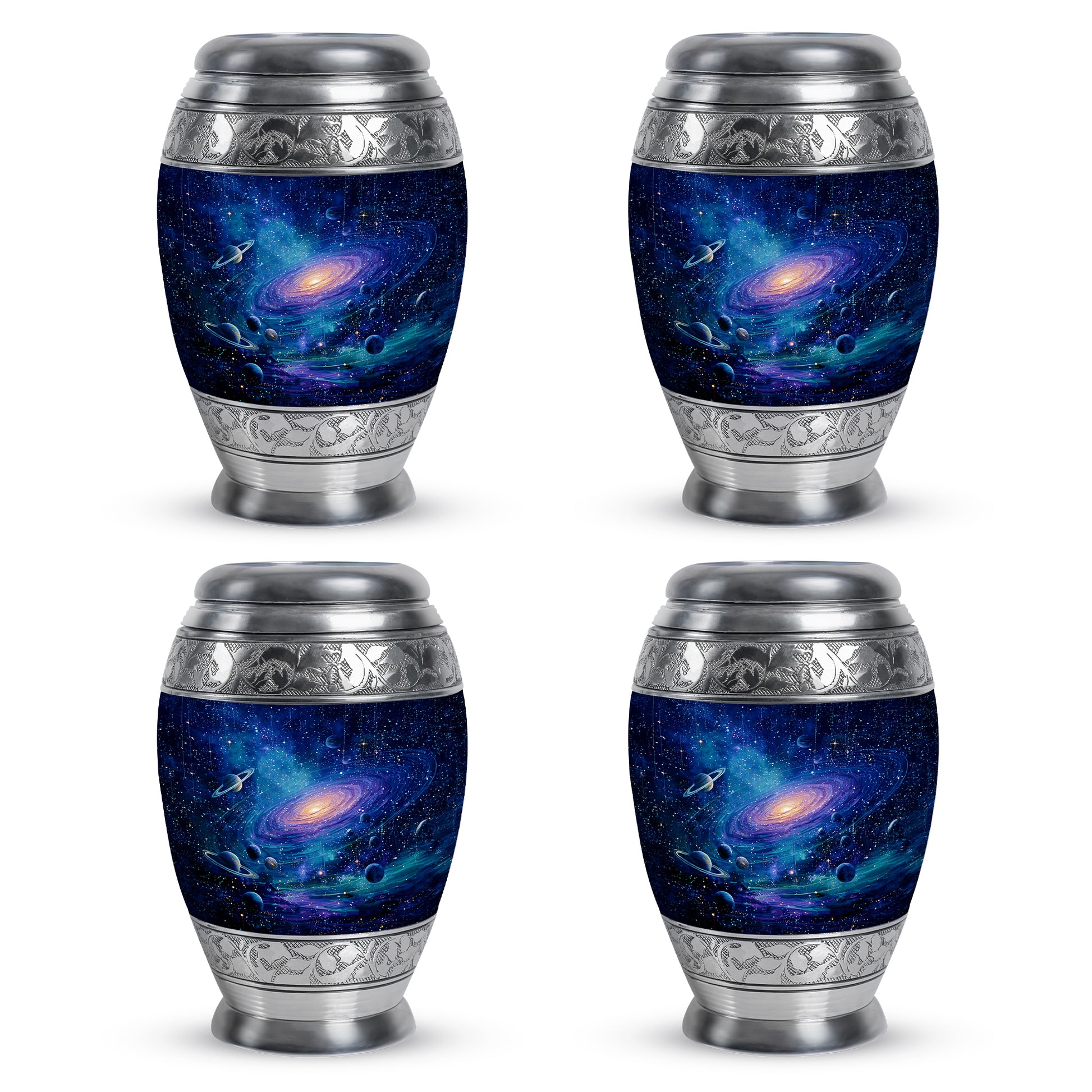 Royal Blue Galaxy Cremation Urn urn with complimentary velvet bag - royal galaxy engraving with decorative scrollwork - 10 inch aluminum urn for cremated remains