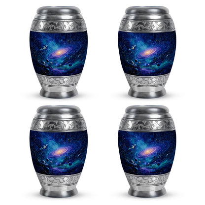 Royal Blue Galaxy Cremation Urn urn with complimentary velvet bag - royal galaxy engraving with decorative scrollwork - 10 inch aluminum urn for cremated remains