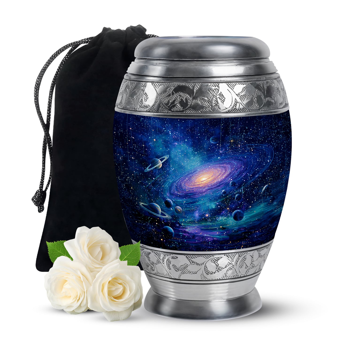 Calming Blue Galaxy Cremation Urn back view with polished surface - majestic galaxy pattern with filigree border - full-size 10 inch 200 cubic inch adult cremation urn