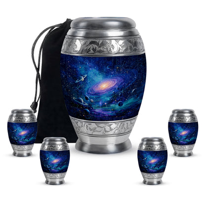 Bright Blue Galaxy Cremation Urn detail view - majestic galaxy pattern with filigree border - memorial set with one large and four small urns