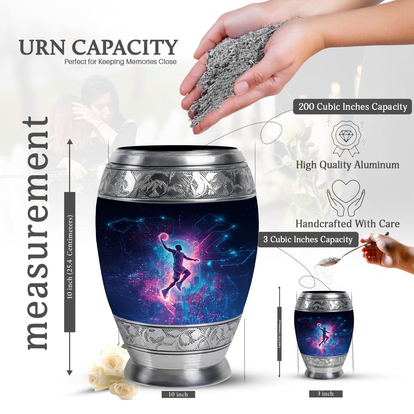 Midnight Black Basketball Cremation Urn lifestyle display on memorial shelf - majestic basketball pattern with filigree border - mini keepsake memorial for portion of cremation ashes