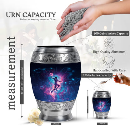 Midnight Black Basketball Cremation Urn lifestyle display on memorial shelf - majestic basketball pattern with filigree border - mini keepsake memorial for portion of cremation ashes